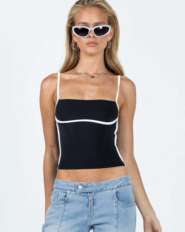 New sexy slim fit waist exposed contrast color camisole - Black / S
