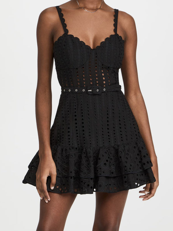 New sexy sling ruffle dress waist temperament short skirt - Black / S