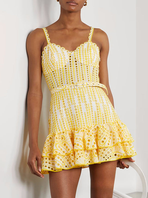 New sexy sling ruffle dress waist temperament short skirt - Yellow / S
