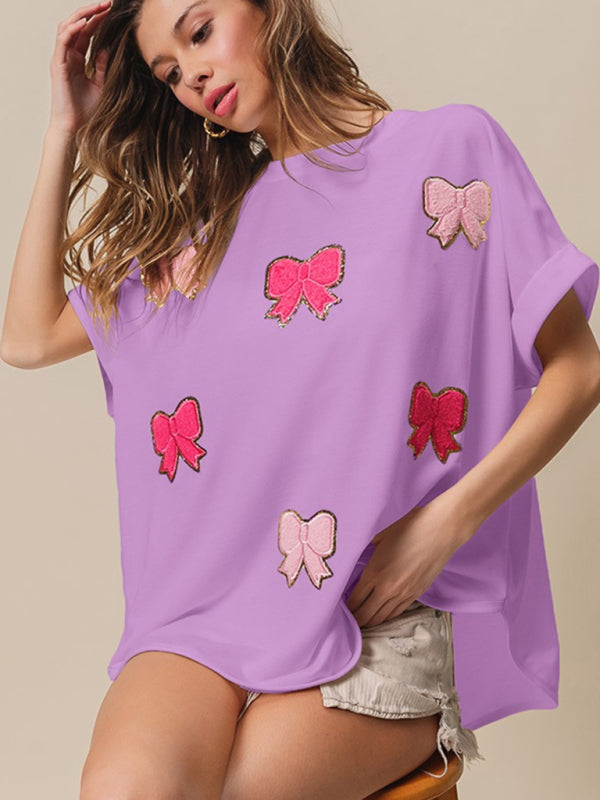 New short-sleeved bow sequin embroidered top - Purple / S