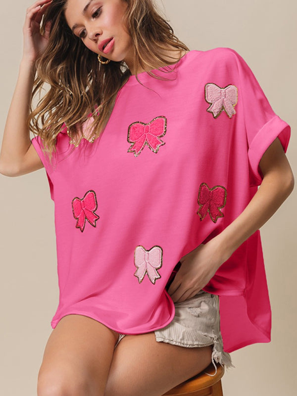 New short-sleeved bow sequin embroidered top - Rose / S