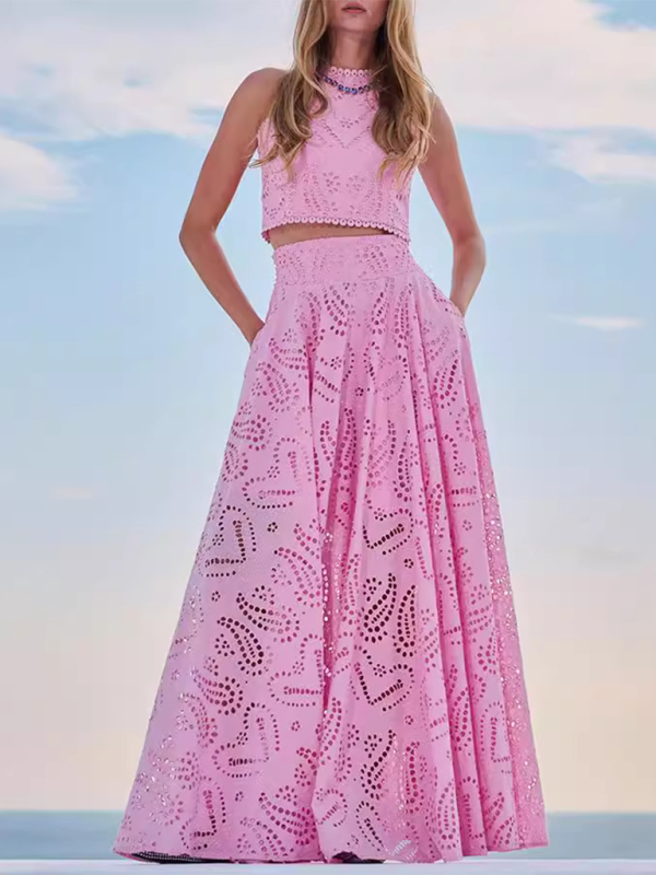 New Sleeveless Long Dress Pocket Suit Casual Vacation Loose Two-piece Set - Pink / S