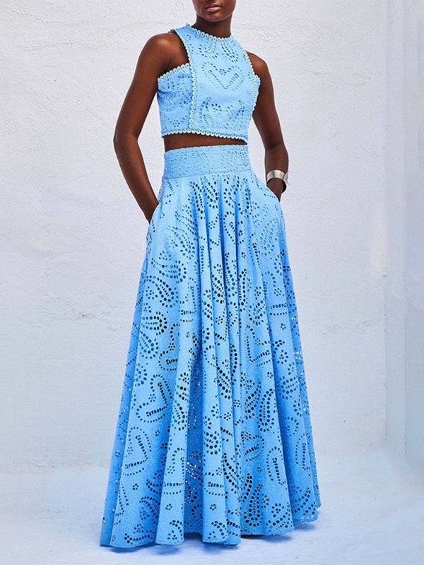 New Sleeveless Long Dress Pocket Suit Casual Vacation Loose Two-piece Set - Blue / S