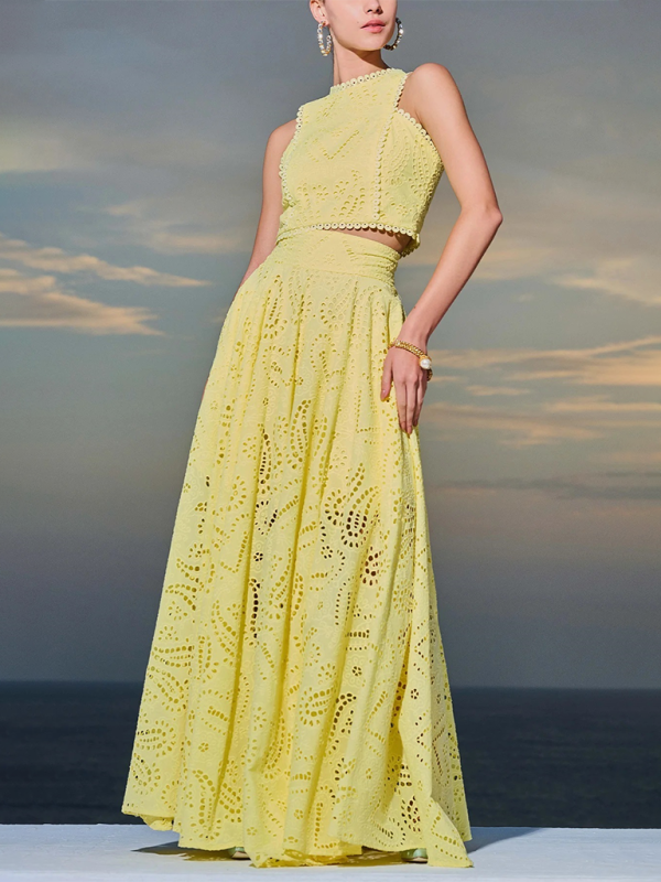 New Sleeveless Long Dress Pocket Suit Casual Vacation Loose Two-piece Set - Yellow / S