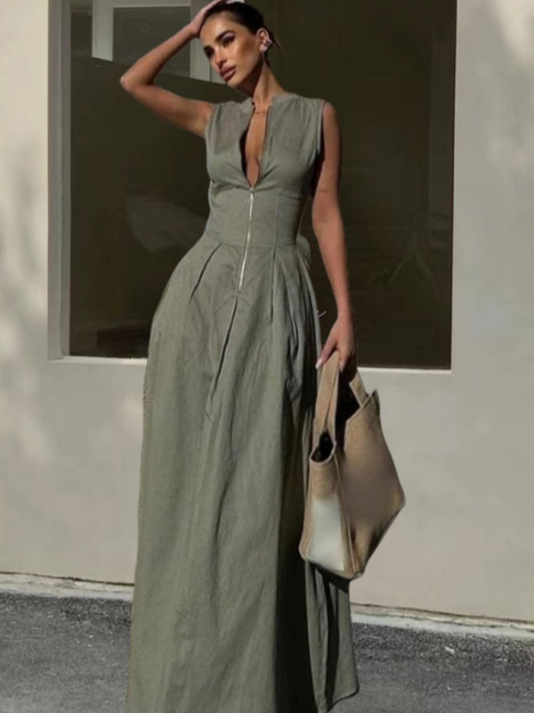 New Sleeveless V-neck Casual Temperament Commuter Waist Zipper Neck Dress - Green / S