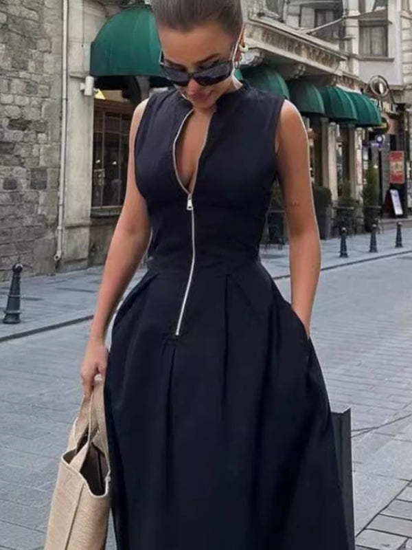 New Sleeveless V-neck Casual Temperament Commuter Waist Zipper Neck Dress - Black / S
