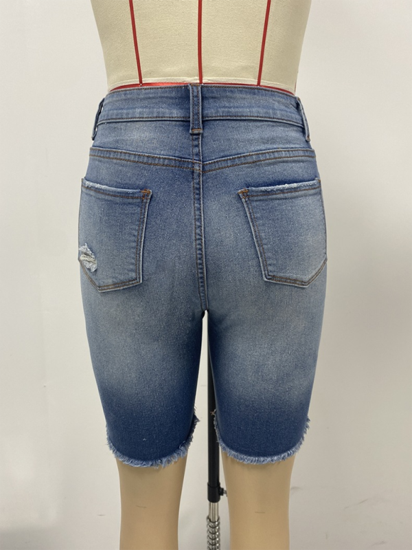 New Slim Fit Buttoned Denim Shorts Women’s Street Ripped Raw Edge Tights