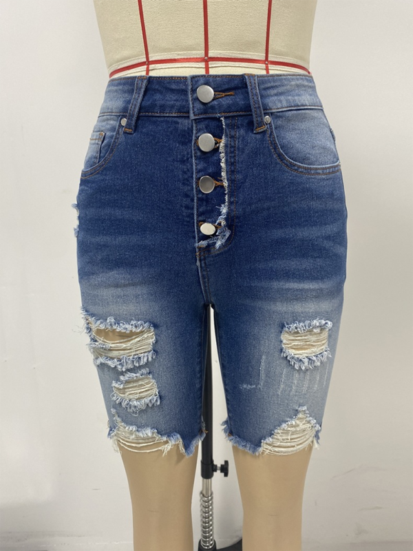New Slim Fit Buttoned Denim Shorts Women’s Street Ripped Raw Edge Tights