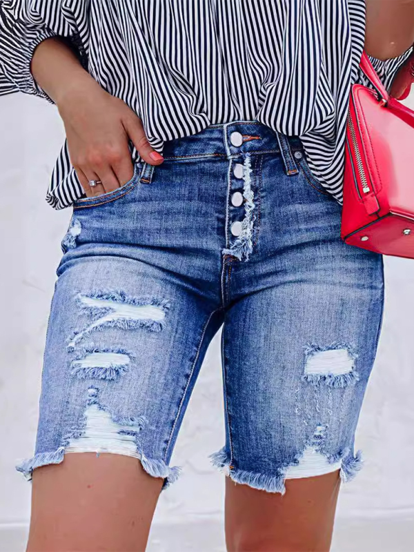 New Slim Fit Buttoned Denim Shorts Women’s Street Ripped Raw Edge Tights - Blue / S