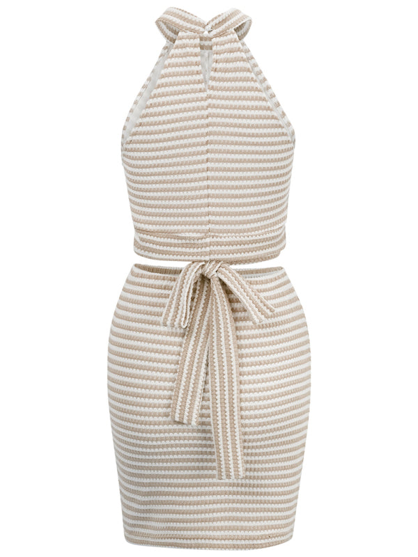 Striped knit two-piece set featuring a solid color halter neck crop top and skirt