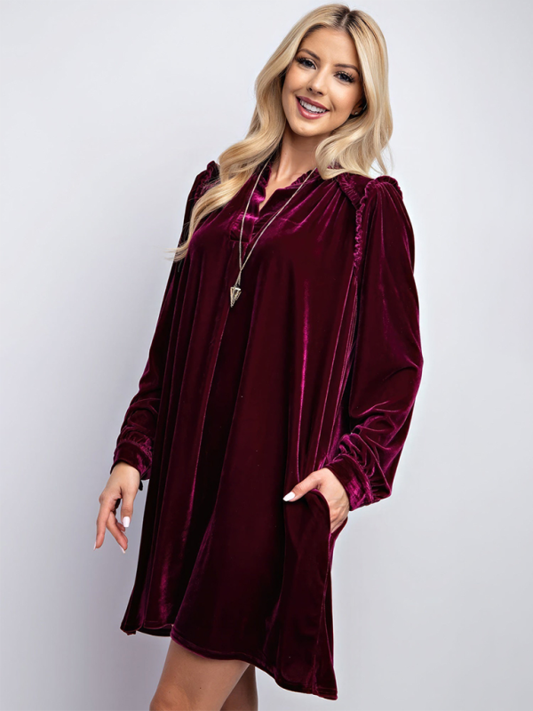 New solid color loose straight dress velvet casual simple knee-length skirt - Wine Red / S