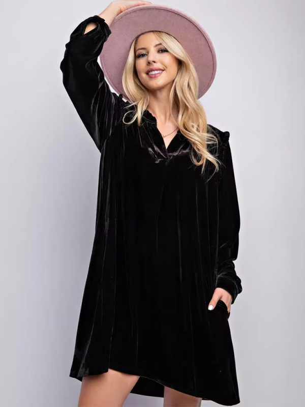 New solid color loose straight dress velvet casual simple knee-length skirt - Black / S
