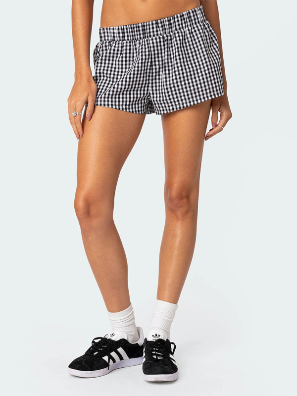 New spring and summer casual women’s shorts plaid beach pants loose home wear - Black / S