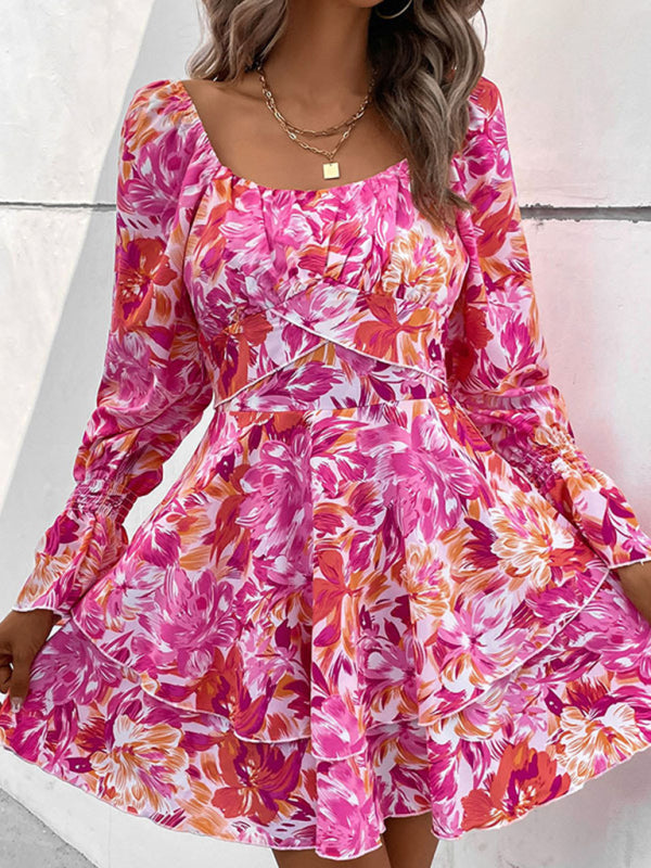 New square neck floral print ruffle short dress - Pink / XS