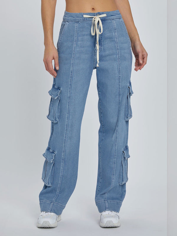 New Street Wash Overalls Multi-Pocket Wide-Leg Lace-Up Jeans - Blue / S