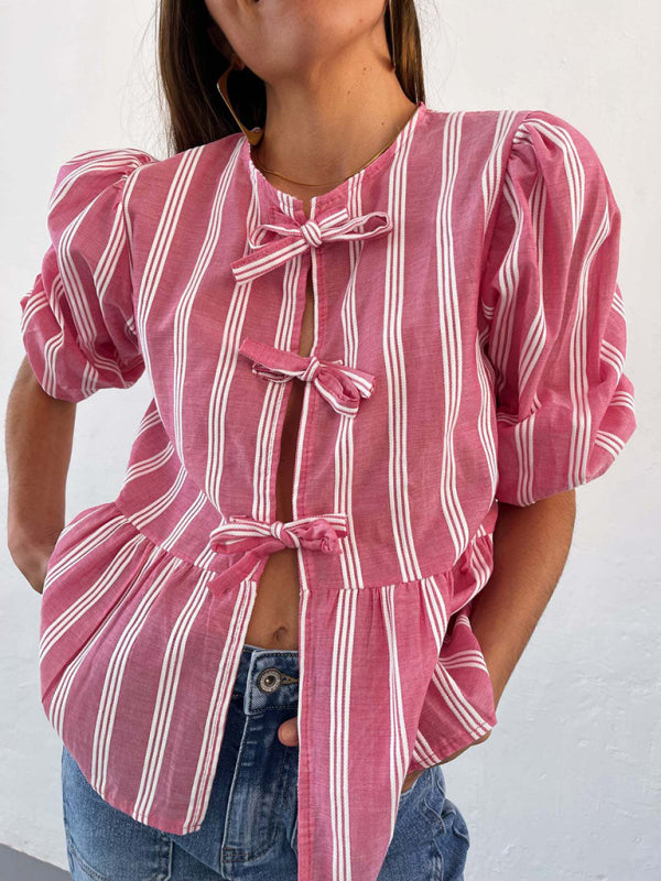 New striped lace mid-sleeve loose patchwork shirt - Red / S