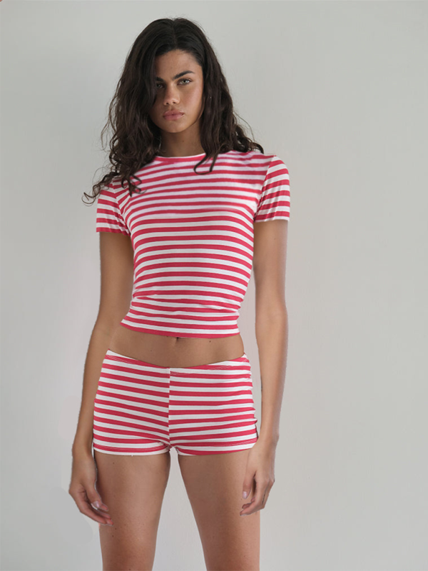 New Striped Slim Fit Short Sleeve Shorts Suit - Red / S
