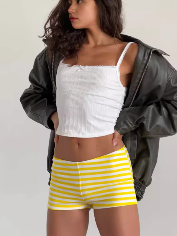 New Striped Slim Fit Short Sleeve Shorts Suit - Yellow / S