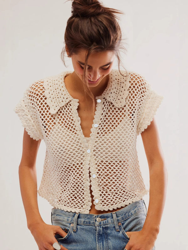 New style cardigan short sleeve loose lapel fashionable solid color hollow women’s knitted sweater - White / S