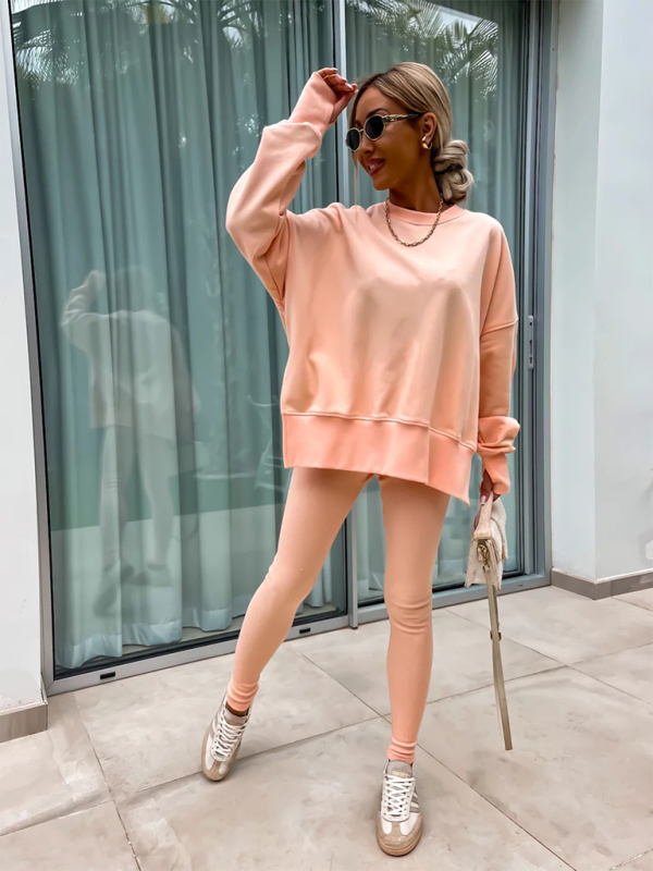 New style casual tight pants loose sweater suit two piece set - Orange / S