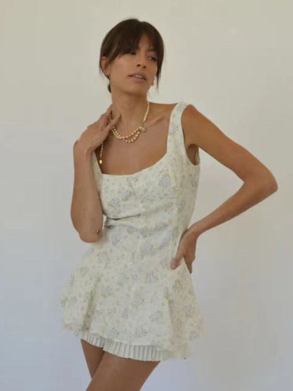 New style comfortable casual and sexy small floral hem pleated suspender dress