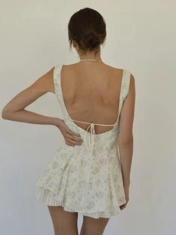 New style comfortable casual and sexy small floral hem pleated suspender dress