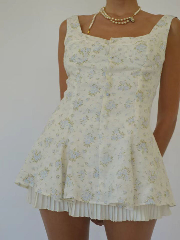 New style comfortable casual and sexy small floral hem pleated suspender dress - White / S