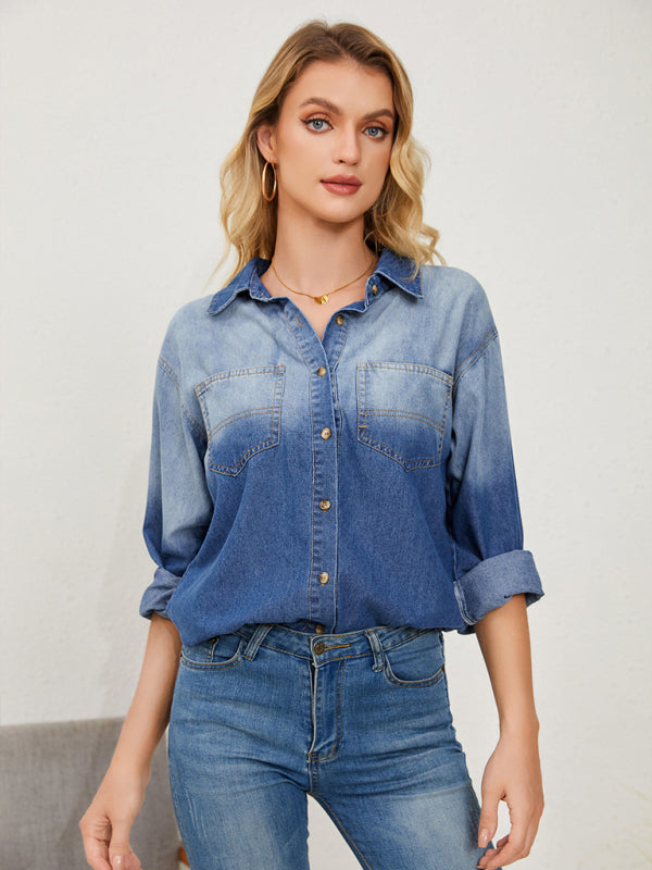 New style comfortable casual lapel gradient single-breasted denim shirt jacket - Blue / S