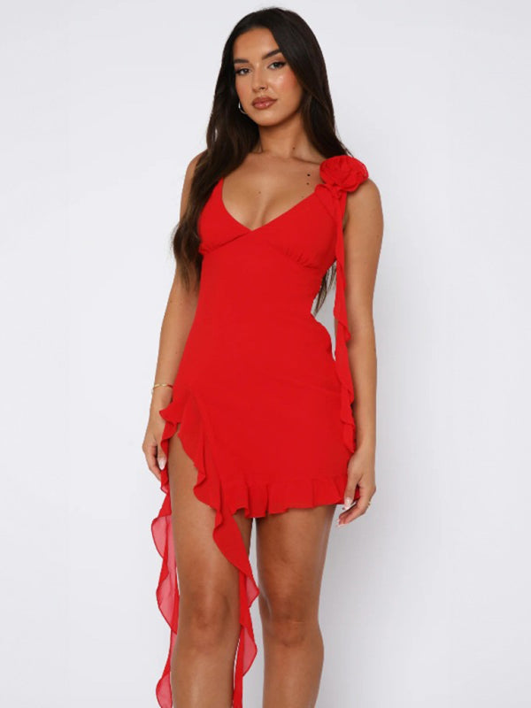 New style deep V strap sexy slim fit floral decorated wave edge dress Dress - Red / S