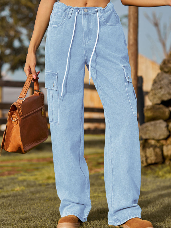 New style denim drawstring adjustable washable overalls trousers casual trousers - Clear blue / S