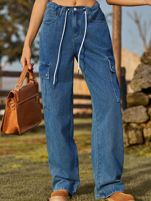 New style denim drawstring adjustable washable overalls trousers casual trousers - Purplish blue navy / S