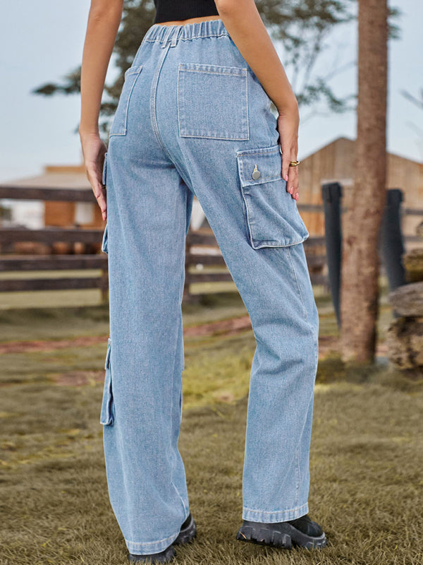 New style denim washed multi-pocket overalls trousers casual trousers