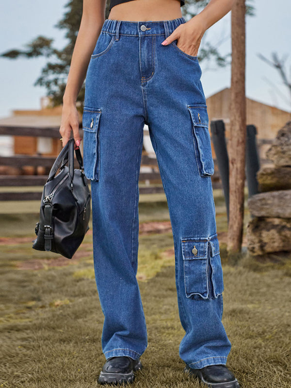 New style denim washed multi-pocket overalls trousers casual trousers - Purplish blue navy / S