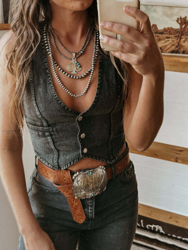 New Style Hot Girl Sleeveless Single Breasted V-Neck Top Denim Vest - Black / S