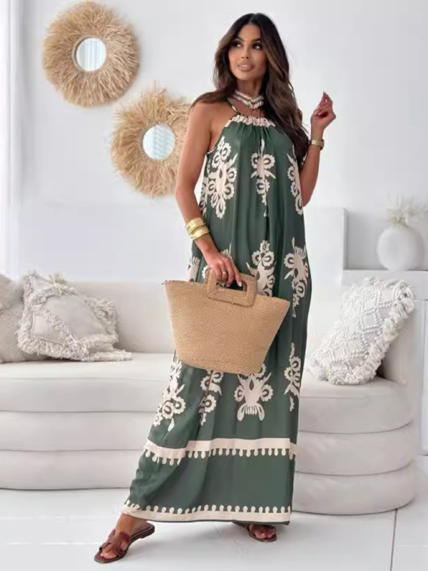 New style positioning flower print backless sexy suspender dress - Green / S