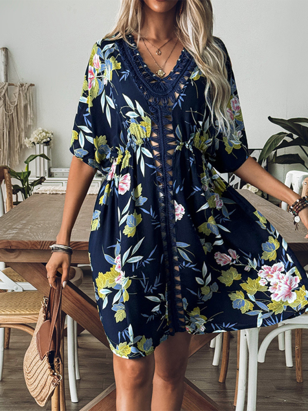 New style printed beach dress hand hook beaded stitching hollow dress beach cover up - Champlain color / FREESIZE