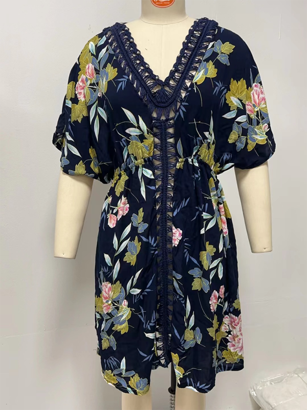 New style printed beach dress hand hook beaded stitching hollow dress beach cover up - Champlain color / FREESIZE