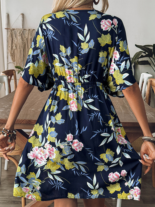New style printed beach dress hand hook beaded stitching hollow dress beach cover up - Champlain color / FREESIZE