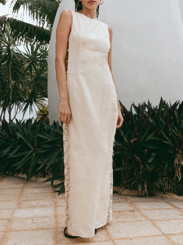 New style printed sleeveless sexy decorative hoop dress - Cream / S