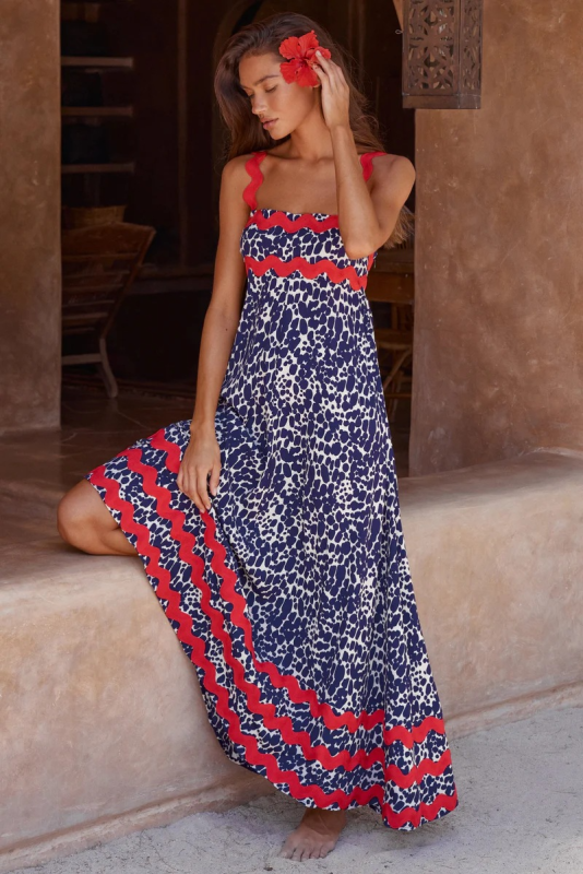 New style small floral wave sling a-line dress - Purplish blue navy / S