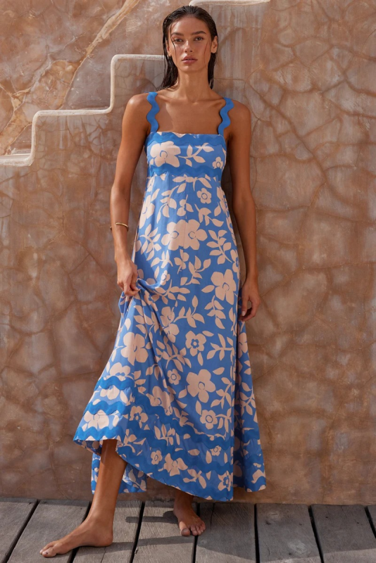 New style small floral wave sling a-line dress - Sky blue azure / S