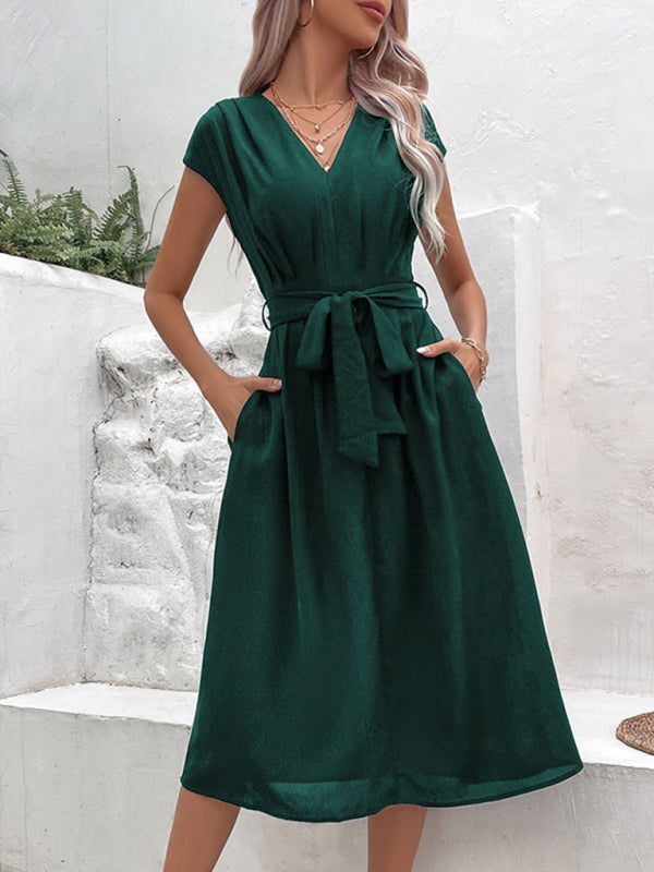 New style strappy v-neck black dress - Green black jasper / S