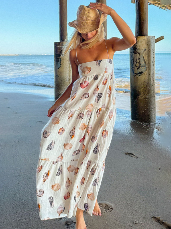 New style suspender printed layered loose holiday women’s dress - White / S