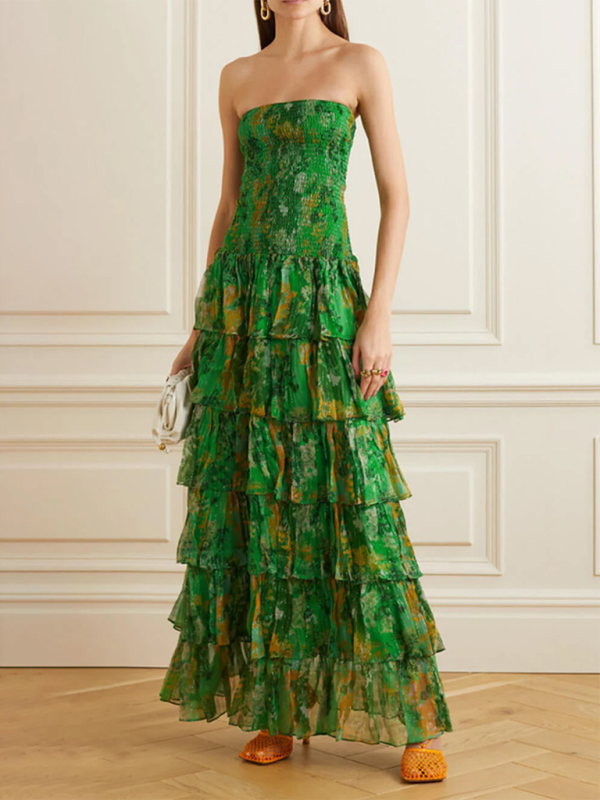 New style tube top elastic waist design lotus leaf skirt hem long dress - Green / S