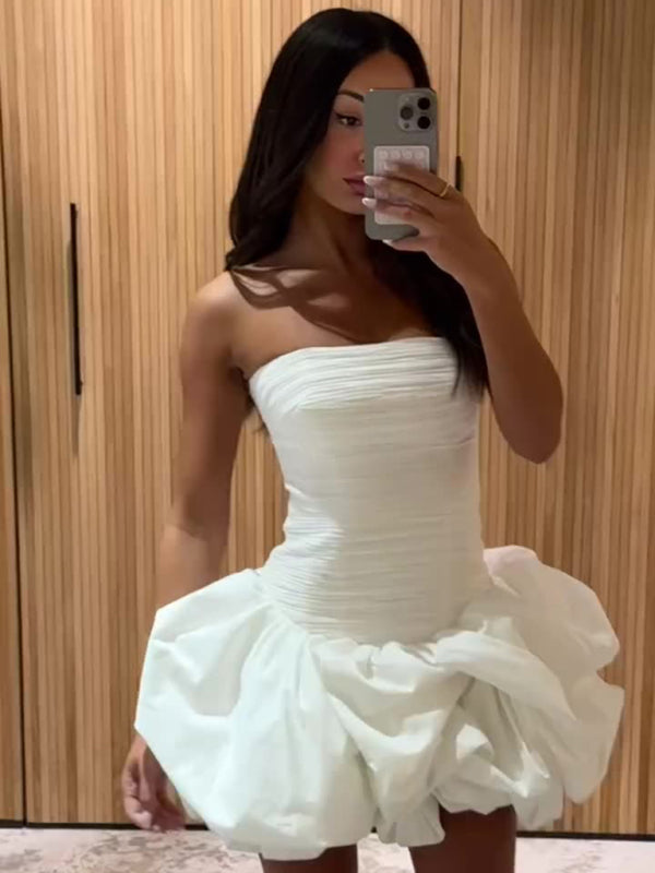 New style tube top high waist pleated design tutu dress - White / S