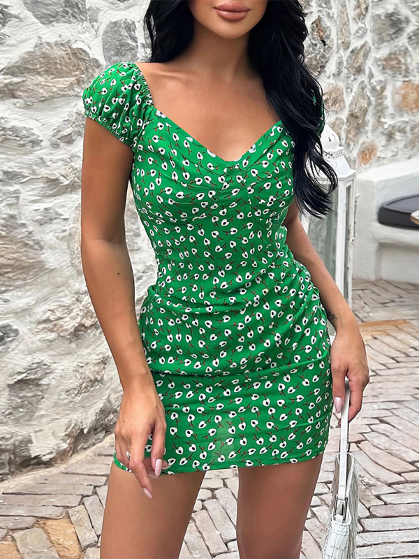 New style versatile slim fit short V-neck floral dress - Green / S