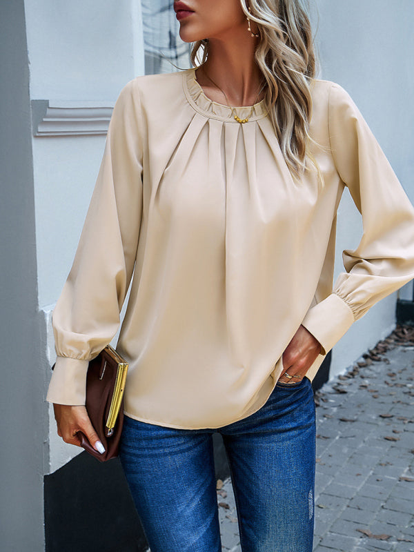 New style women’s elegant lace collar long-sleeved solid color top - Khaki / S
