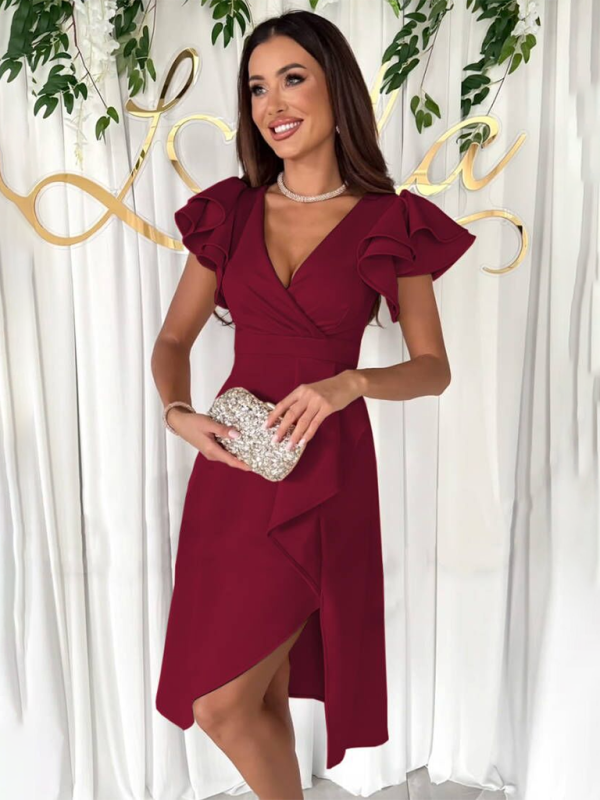 New Summer Commuting Solid Color V-Neck Waist Ruffle Sleeve Fashion Dress - Wine Red / S