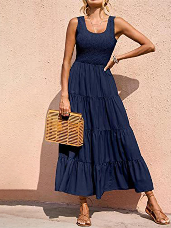 New suspender skirt pleated stitching A-line large hem dress - Champlain color / S
