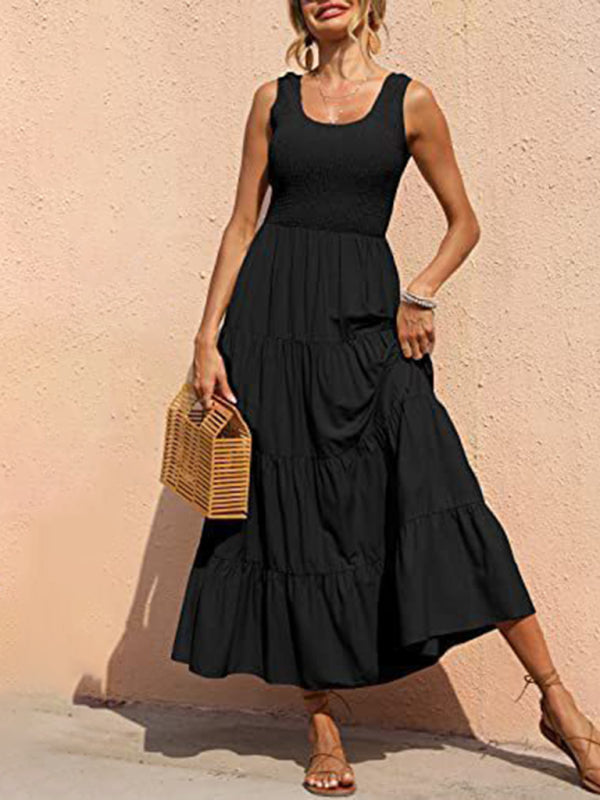 New suspender skirt pleated stitching A-line large hem dress - Black / S